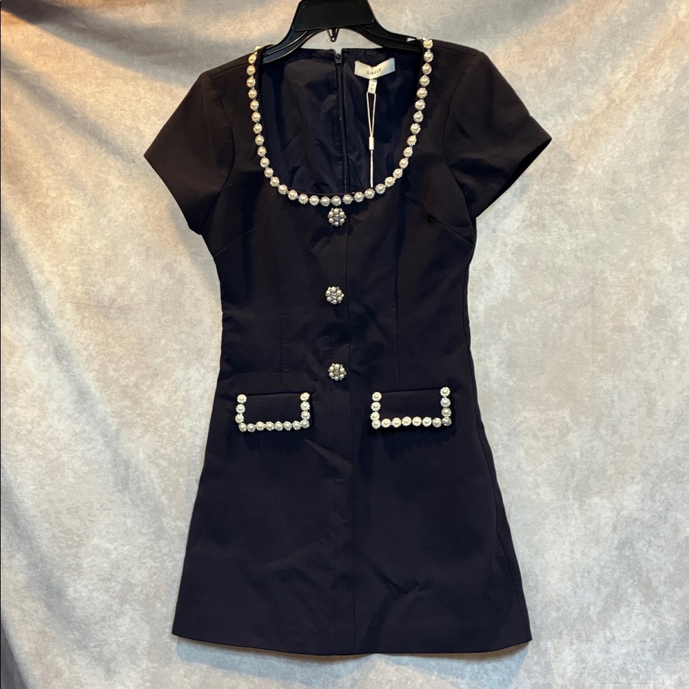 Likely Sergio 2 Navy Pearl-Embellished Mini Dress